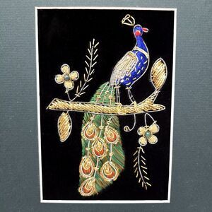 Vintage Hand Embroidered Beaded Peacock Black Velvet 3D w/ Mat Zardozi Art 8x10